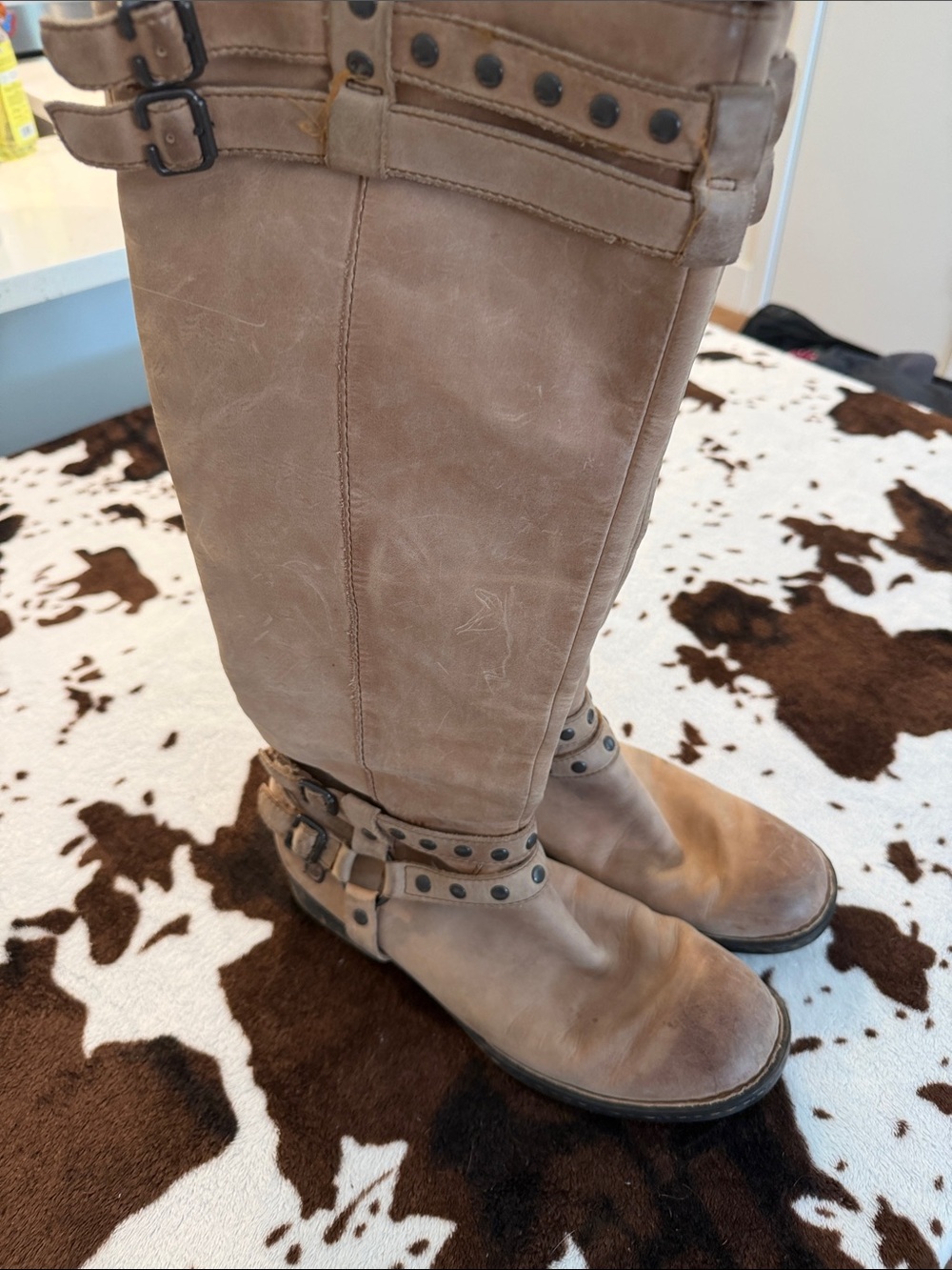 Born Tall Taupe Riding Boots with Studded Straps